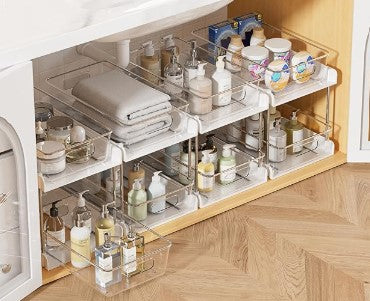 Vtopmart 4 Pack Bathroom Organizer, 2 Tier White Under Sink Organizers Vanity Countertop Storage Container, Cabinet Drawers Bins, Pull-Out Organization with Track for Pantry, Kitchen