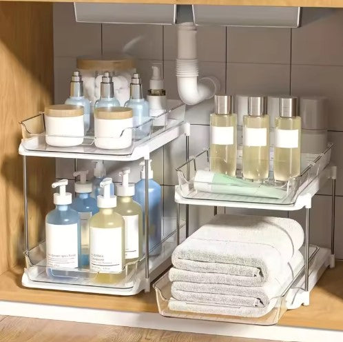 Under-Sink Organizer (4-Pack) – 2-Tier Pull-Out Drawers for Bathroom & Kitchen