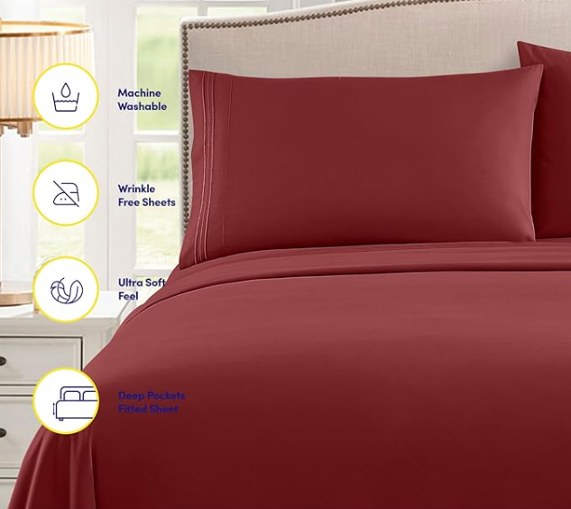 Twin XL Luxury Sheets – Deep Pocket, No-Slip Corner Straps, Burgundy (1800 Collection)