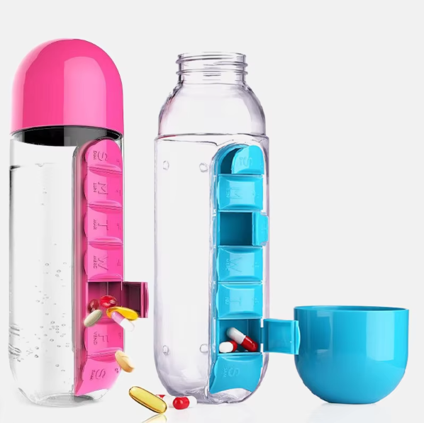 2-in-1 Pill Bottle & Water Cup – 600ml, 7 Compartments, Daily Medicine Organizer
