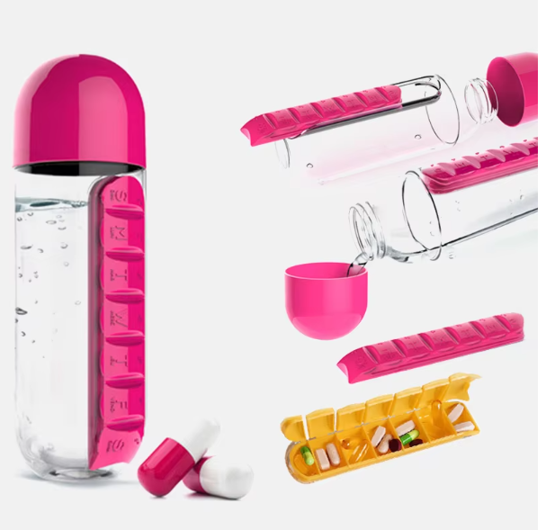 2-in-1 Pill Bottle & Water Cup – 600ml, 7 Compartments, Daily Medicine Organizer