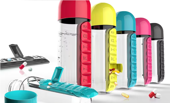 2-in-1 Pill Bottle & Water Cup – 600ml, 7 Compartments, Daily Medicine Organizer