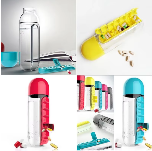 2-in-1 Pill Bottle & Water Cup – 600ml, 7 Compartments, Daily Medicine Organizer