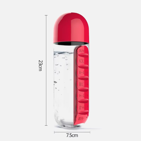 2-in-1 Pill Bottle & Water Cup – 600ml, 7 Compartments, Daily Medicine Organizer