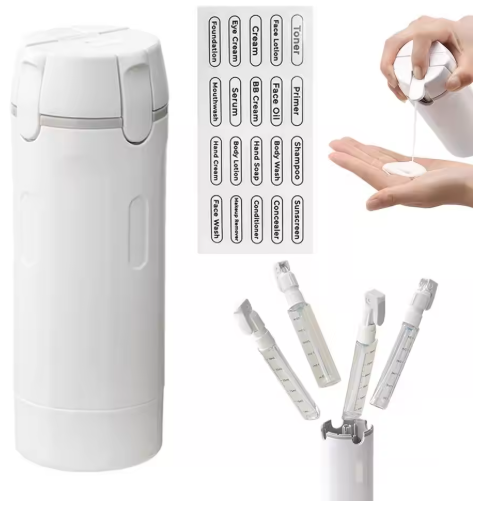4-in-1 Travel Bottles – Leakproof, TSA-Friendly, for Shampoo, Conditioner, Lotion & Perfume